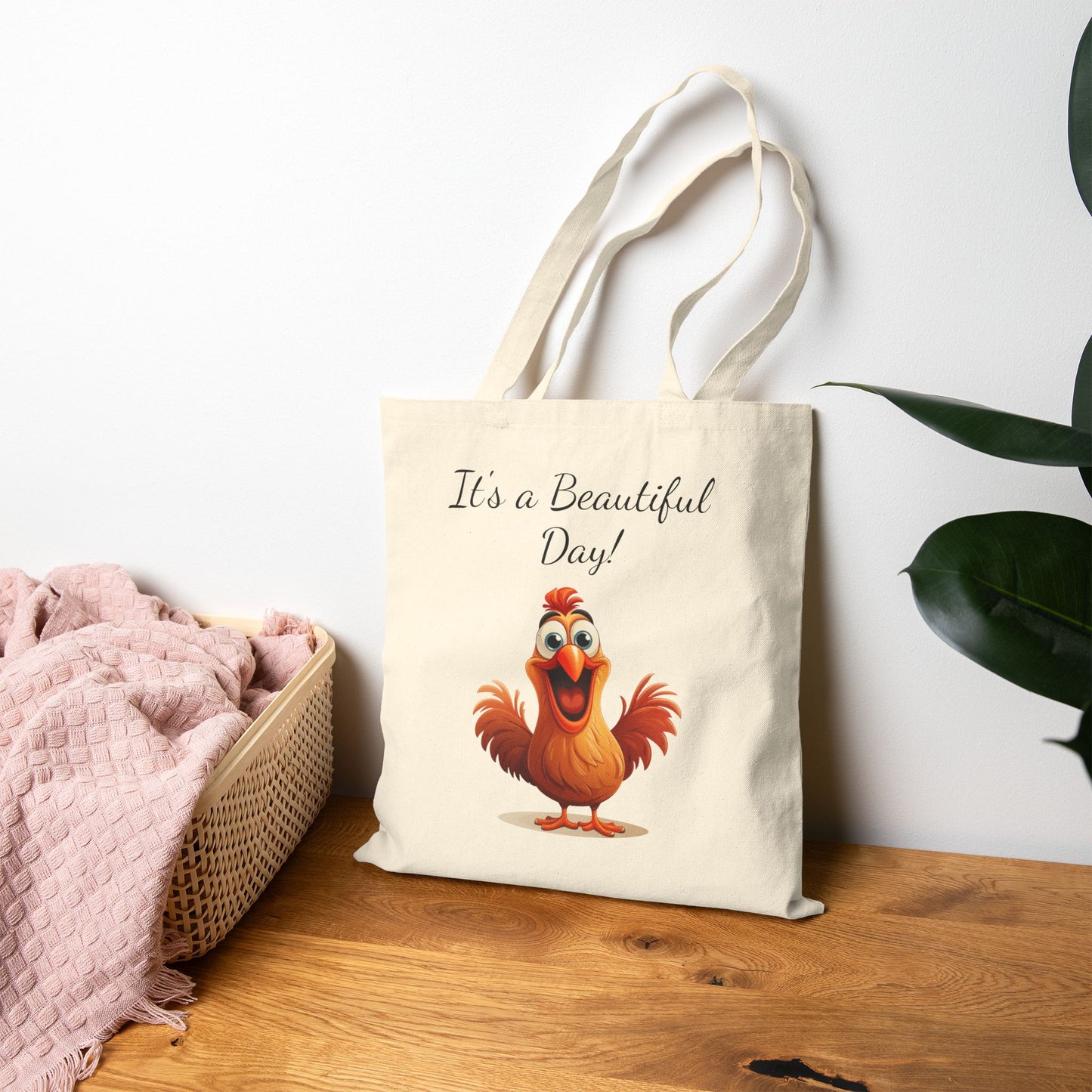 "It's a Beautiful Day!" Happy Chicken 100% Cotton Canvas Tote Bag