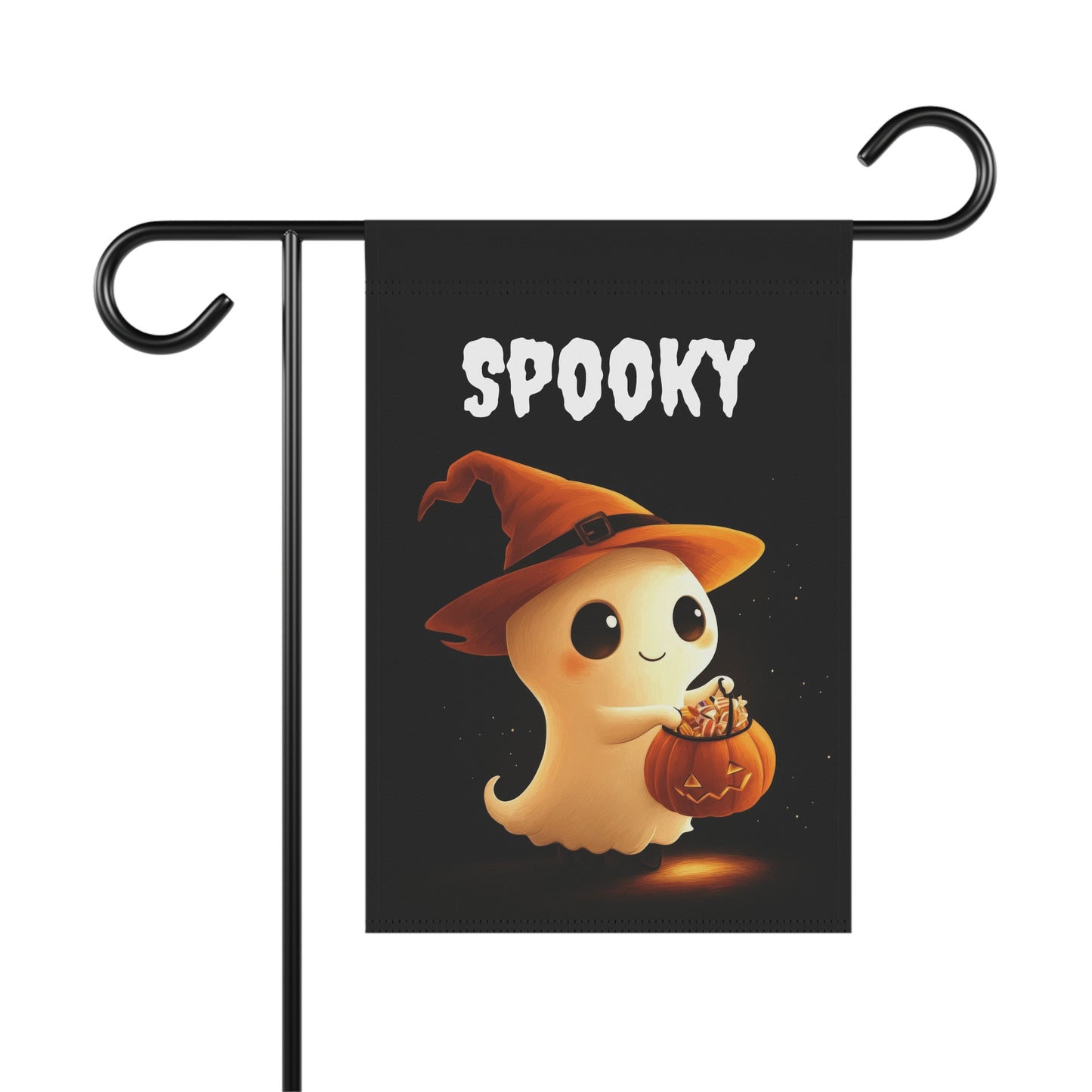 Cute Halloween garden flag with cartoon ghost in witch hat holding pumpkin candy bucket and “Spooky” text on black background