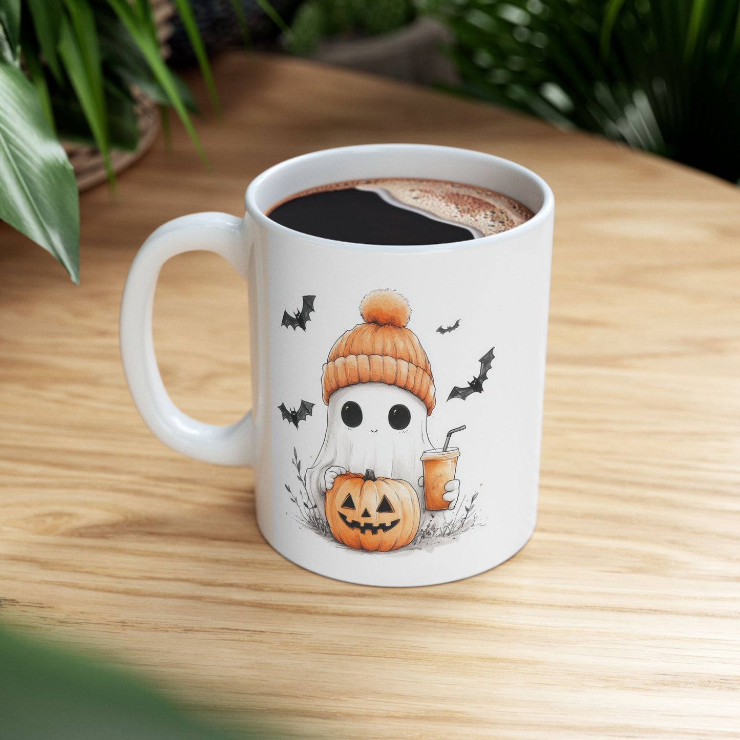 Adorable Ghost with Beanie & Pumpkin Coffee Mug