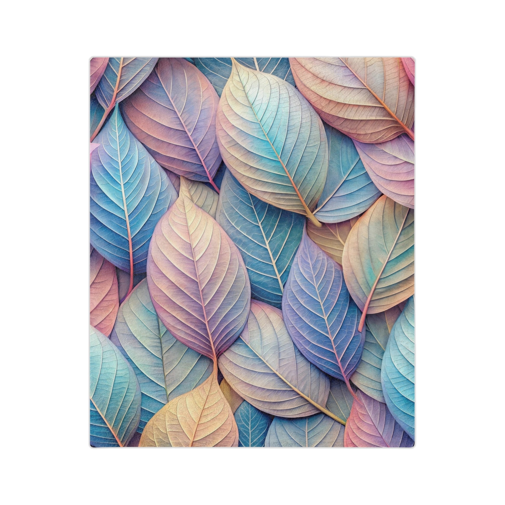 Velveteen blanket with a close-up pattern of overlapping leaves in soft pastel colors, including blue, pink, purple, and yellow.

