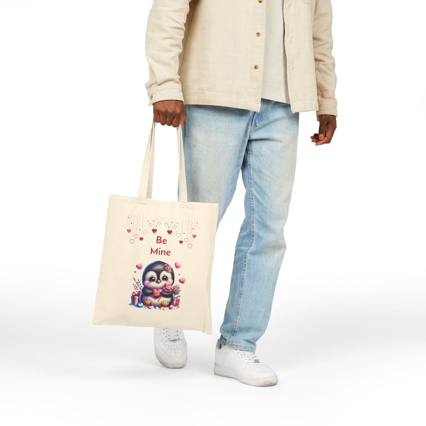 Be Mine Penguin Canvas Tote Bag with Love Heart Candy