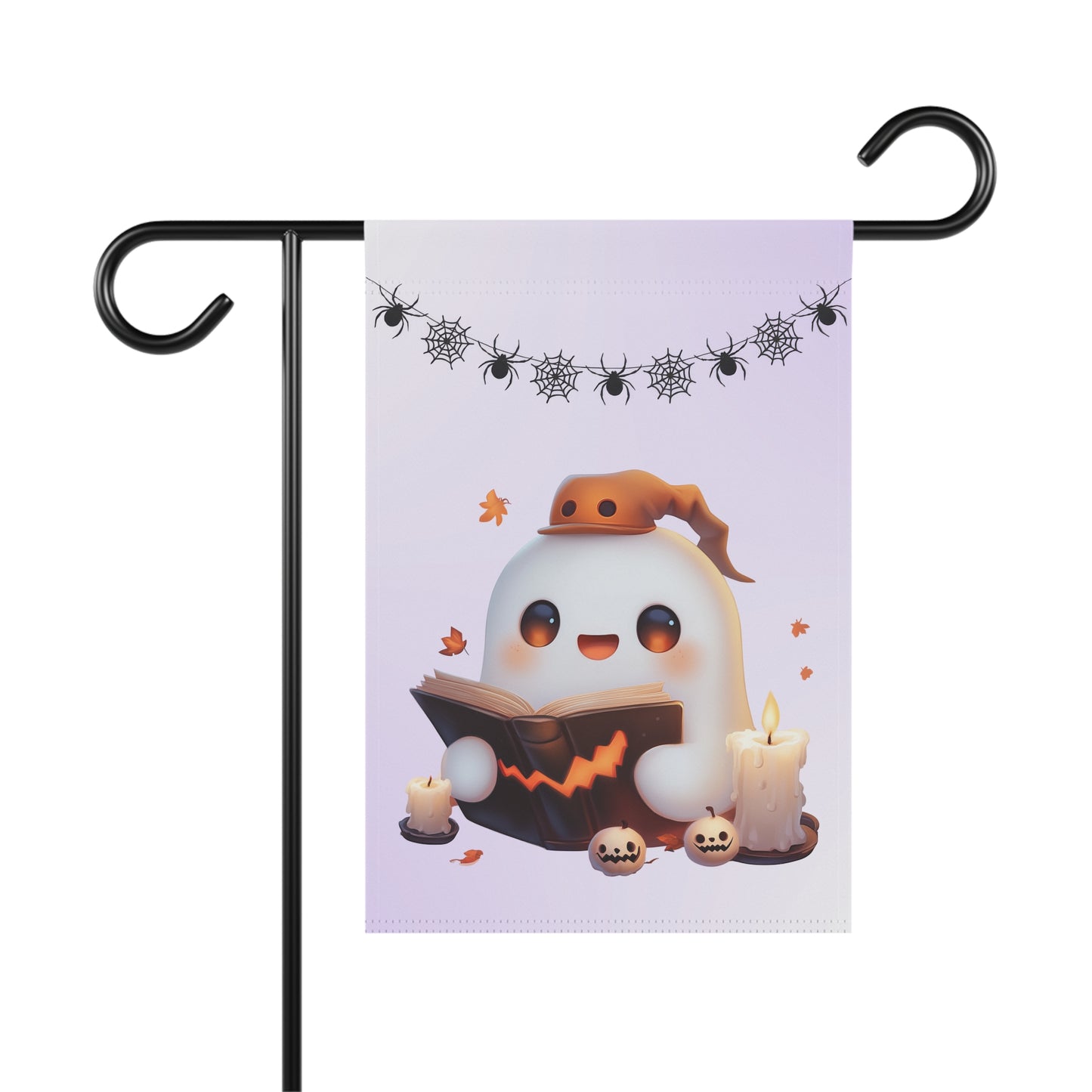 Whimsical Halloween garden flag featuring a cute cartoon white ghost in an orange hat reading a jack-o'-lantern spell book next to glowing candles, beneath a spiderweb bunting banner on a pastel purple background.