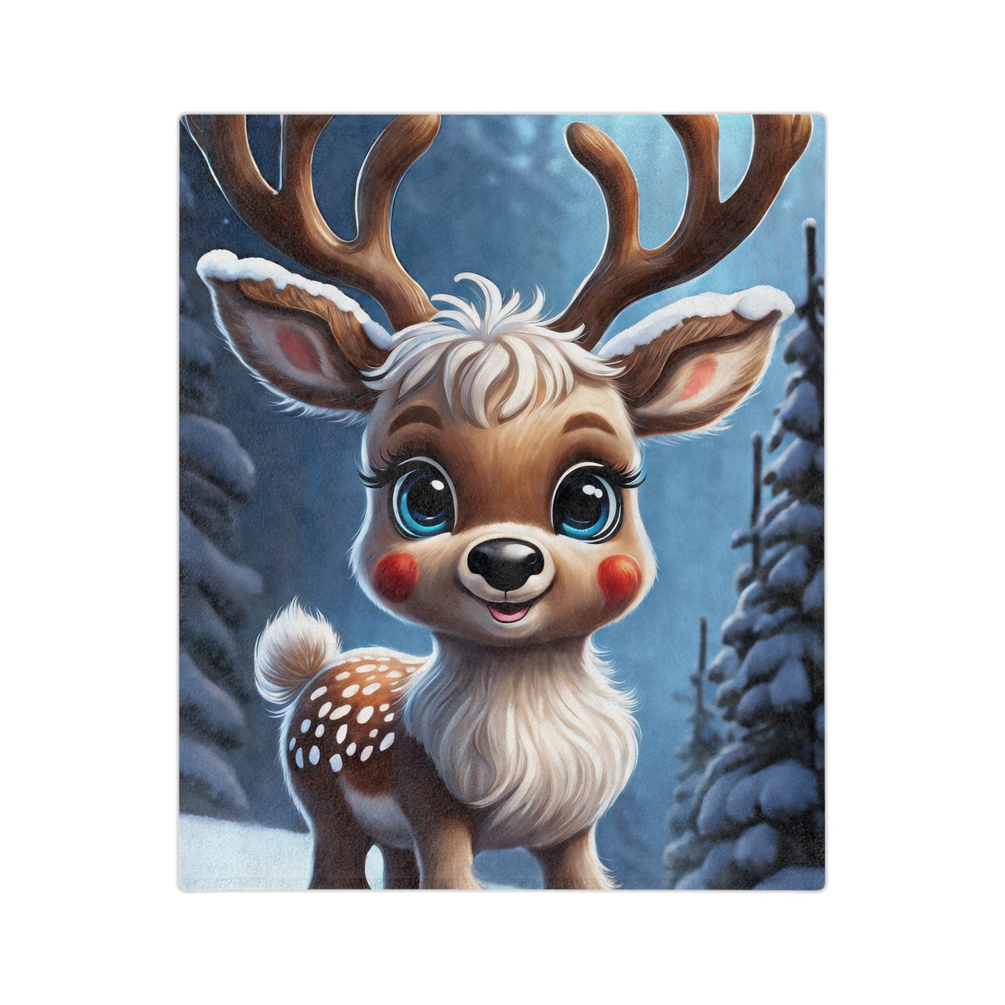 a velveteen plush blanket featuring a cute cartoon reindeer with large eyes, red nose, and antlers, sitting in a snowy forest with falling snow