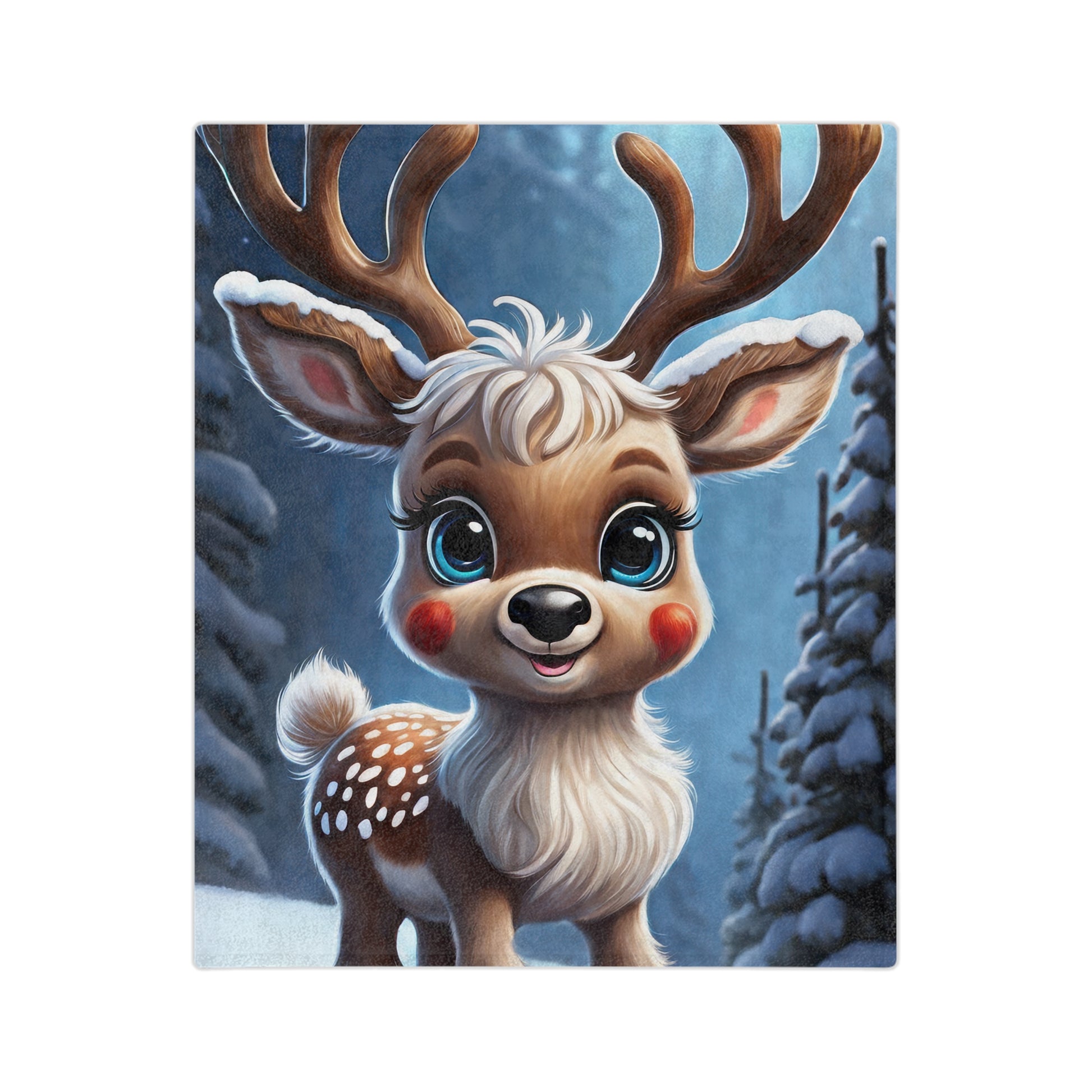 a velveteen plush blanket featuring a cute cartoon reindeer with large eyes, red nose, and antlers, sitting in a snowy forest with falling snow