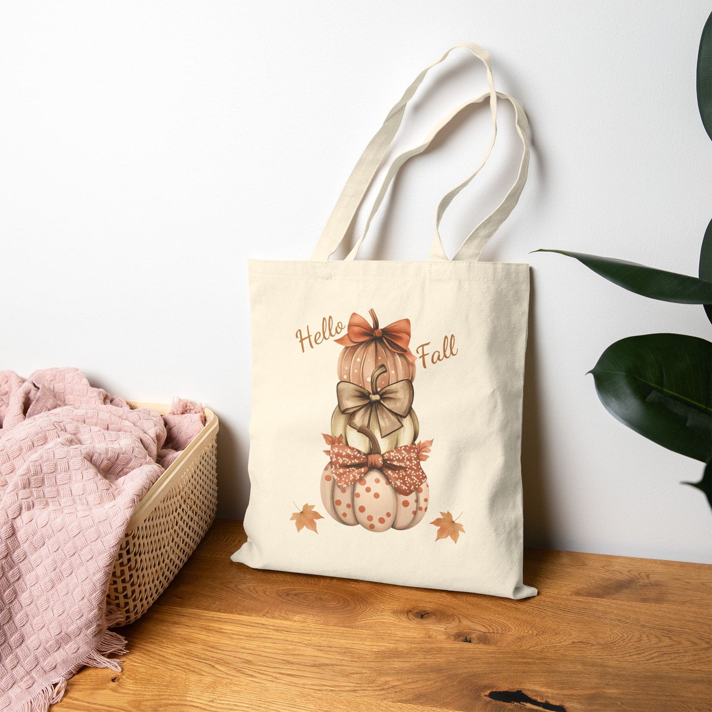 Hello Fall Pumpkin Tower Canvas Tote Bag