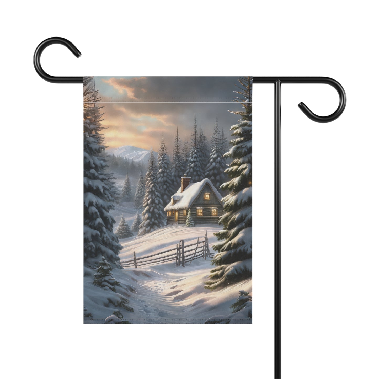 Rustic Snowy Cabin Garden Flag/ House Banner