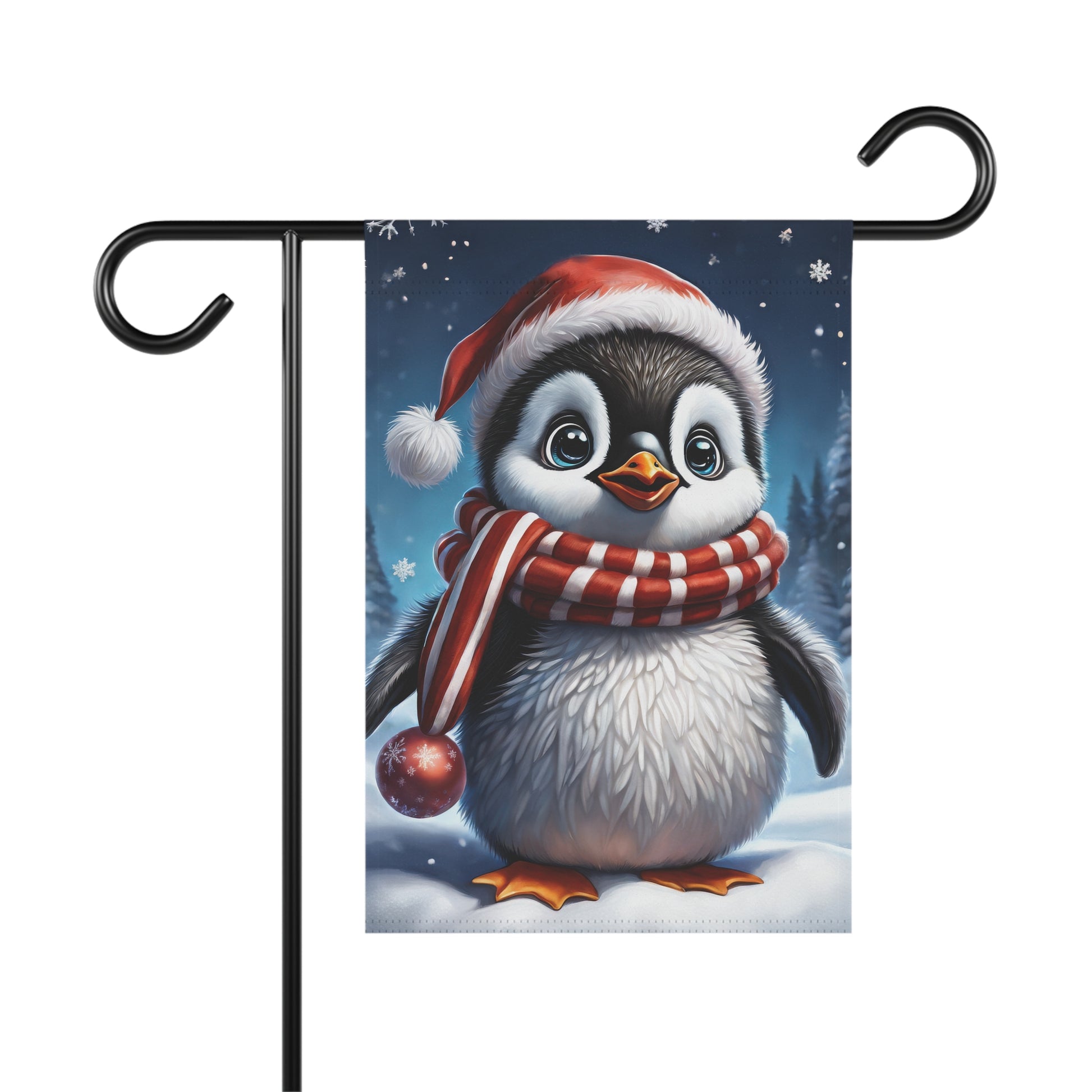 Cute baby penguin garden flag wearing a red and white striped scarf and Santa hat with falling snowflakes, festive holiday decor, winter animal, outdoor flag.

