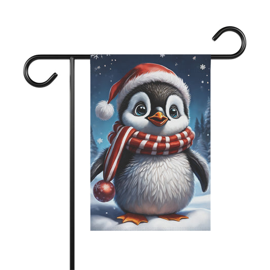 Cute baby penguin garden flag wearing a red and white striped scarf and Santa hat with falling snowflakes, festive holiday decor, winter animal, outdoor flag.

