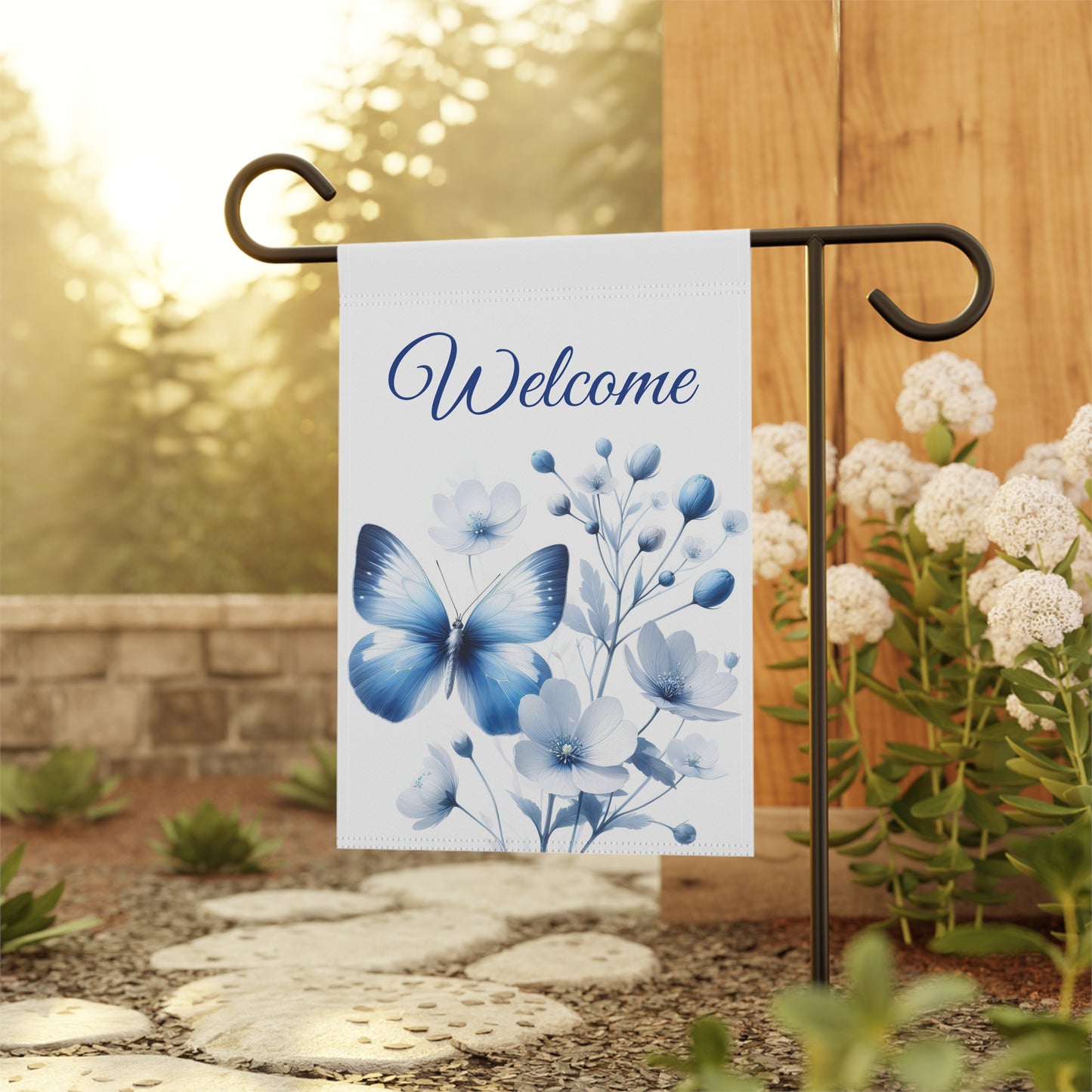 Elegant Blue Butterfly Welcome Garden Flag