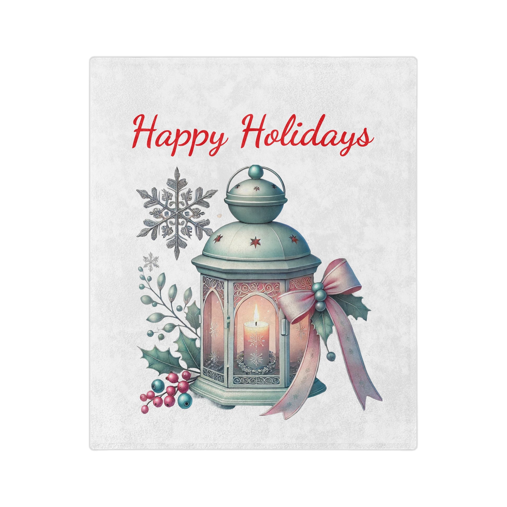 Velveteen plush blanket with vintage holiday lantern, candle glow, holly, berries, snowflakes, and pastel ribbon with “Happy Holidays” text