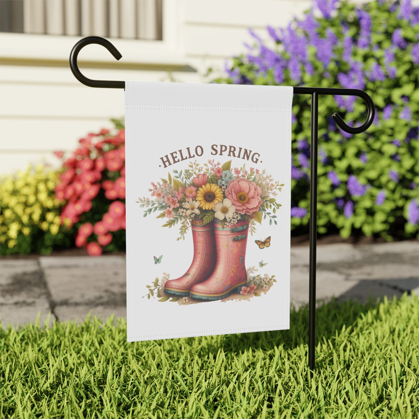 Cute "Hello Spring" Garden Flag with Floral Rain Boots