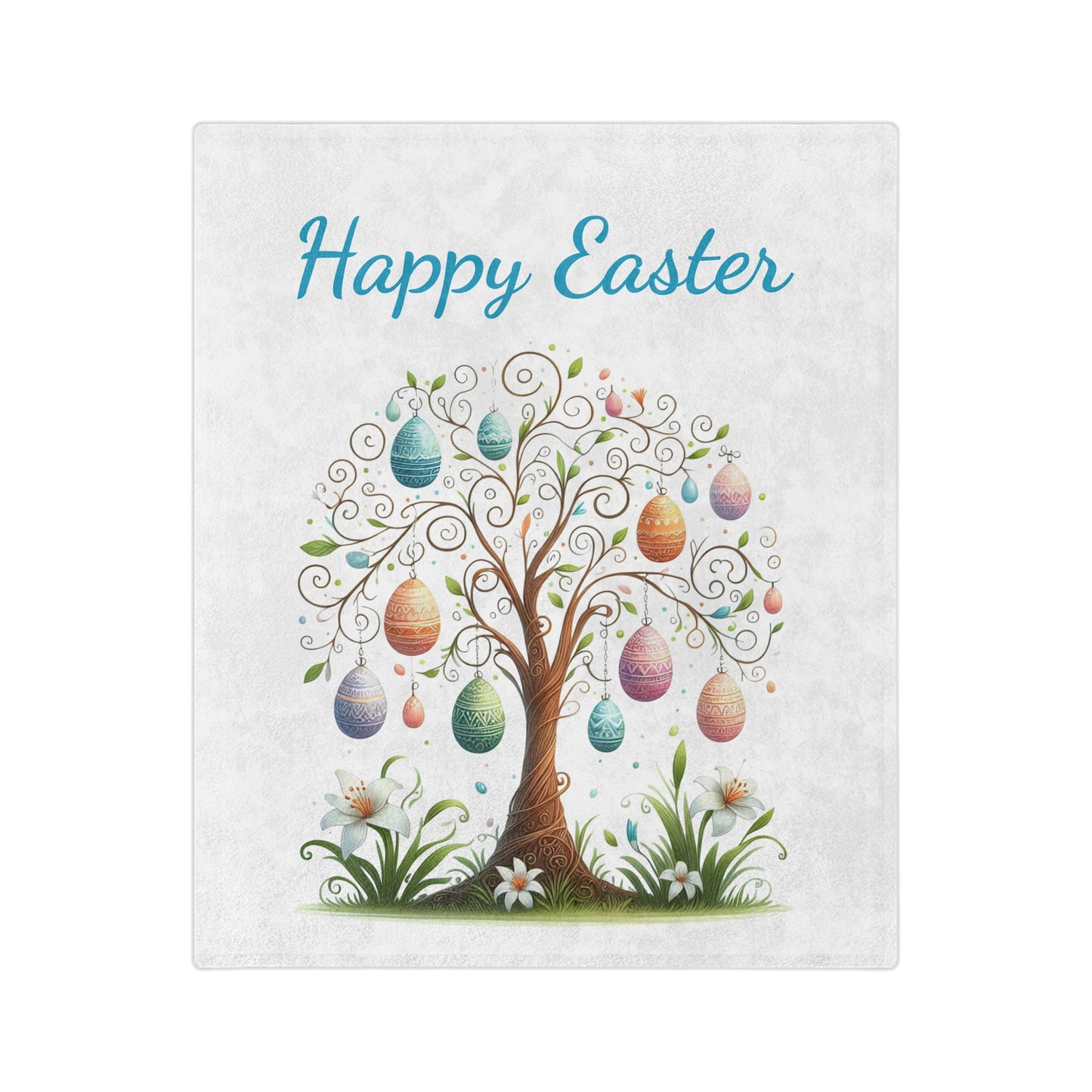 Lightweight white velveteen blanket featuring an illustrated tree decorated with colorful Easter eggs, and the text "Happy Easter."

