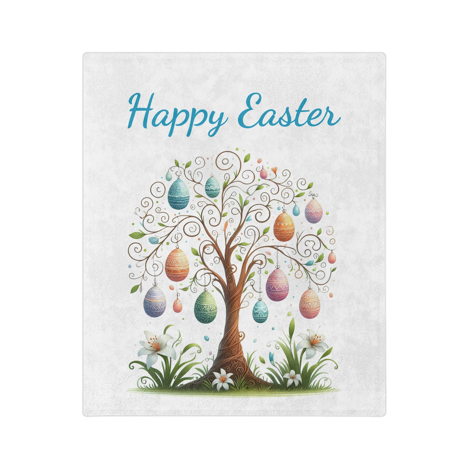 Lightweight white velveteen blanket featuring an illustrated tree decorated with colorful Easter eggs, and the text "Happy Easter."

