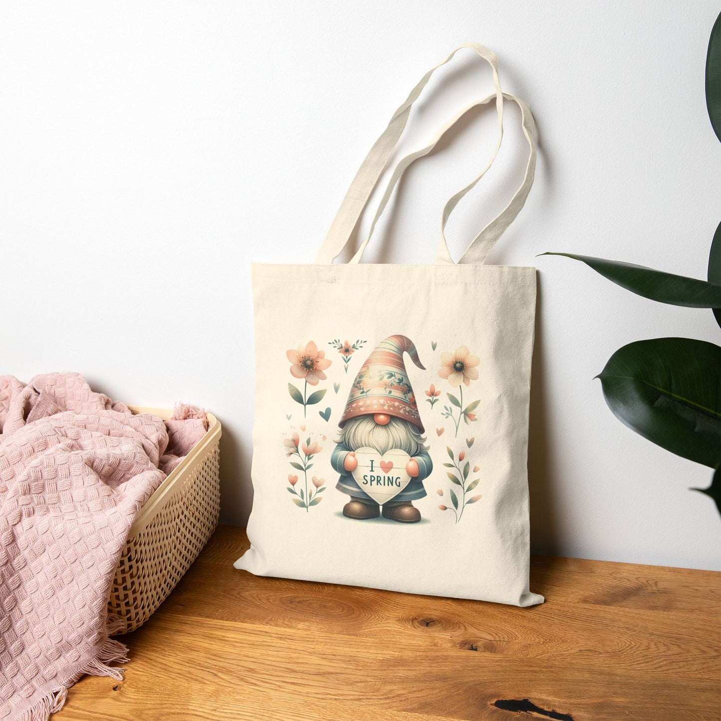 Cute "I Love Spring" Garden Gnome Canvas Tote Bag