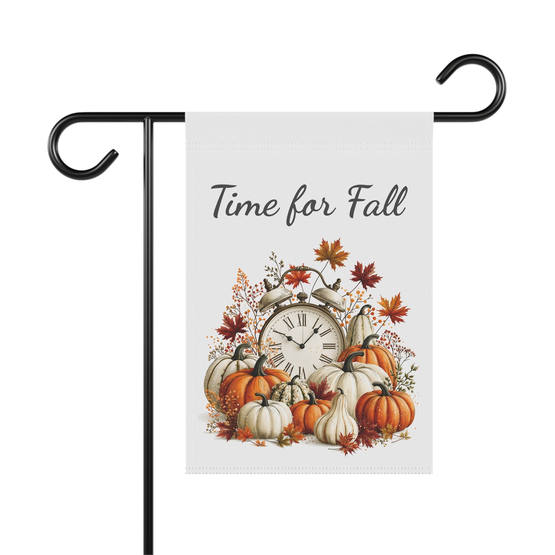 Outdoor garden flag featuring vintage clock illustration beneath charcoal script text reading Time for Fall.