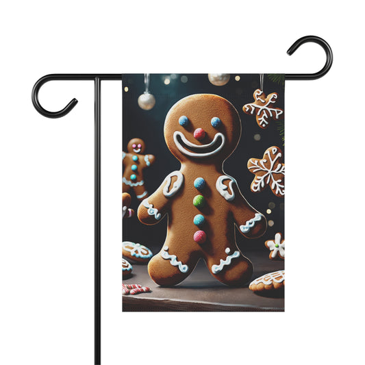 Jolly gingerbread man garden flag with colorful buttons, white icing, and hanging snowflake cookies, festive holiday outdoor decor.

