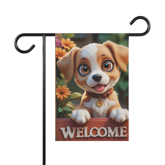 Cartoon puppy garden flag with welcome sign and colorful flowers