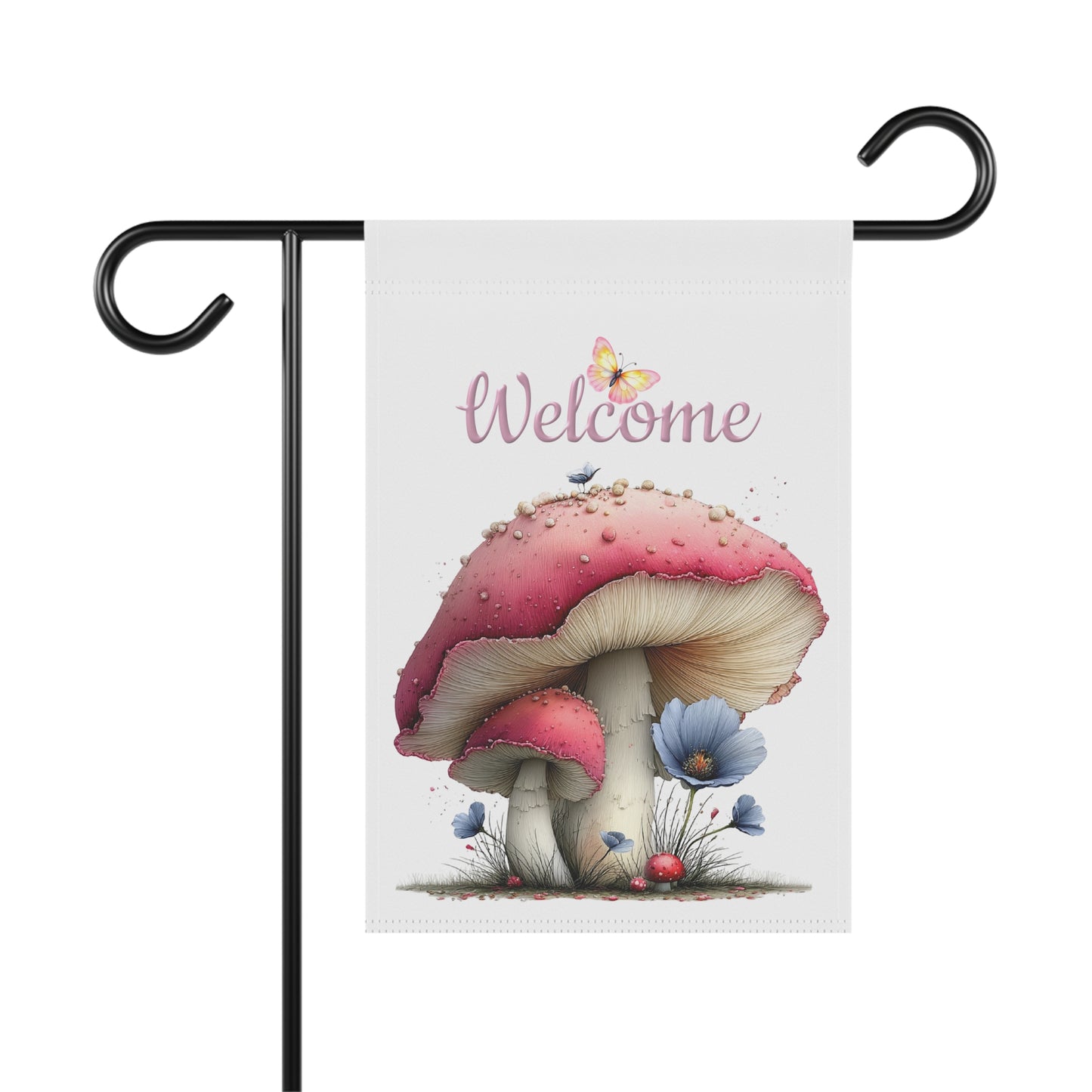 Pink and blue mushrooms adorned with soft pink flowers and a purple butterfly under Welcome text garden flag