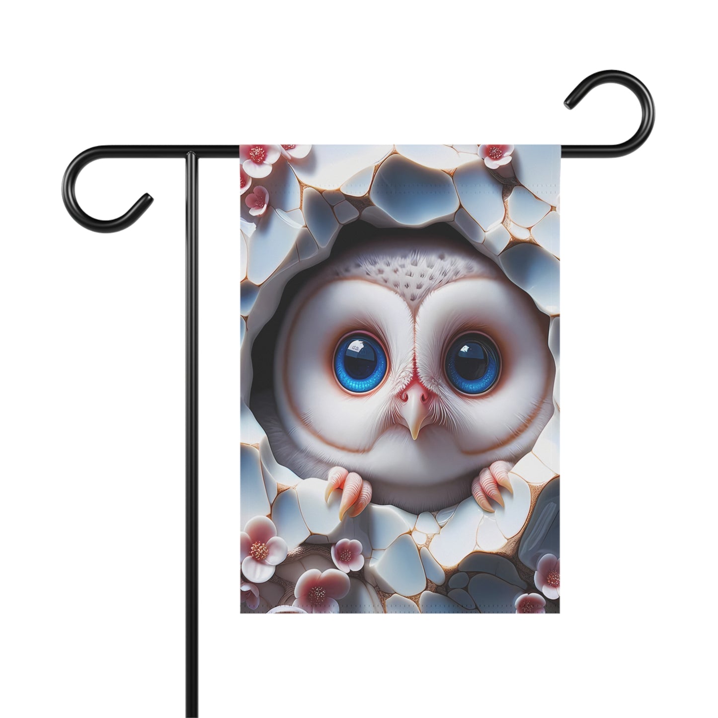 Cute baby owl with big blue eyes peeking through cracked wall with flowers on garden flag