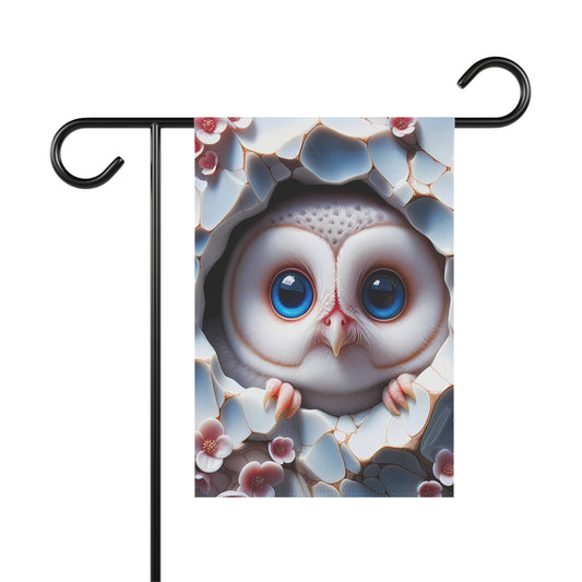 Cute baby owl with big blue eyes peeking through cracked wall with flowers on garden flag