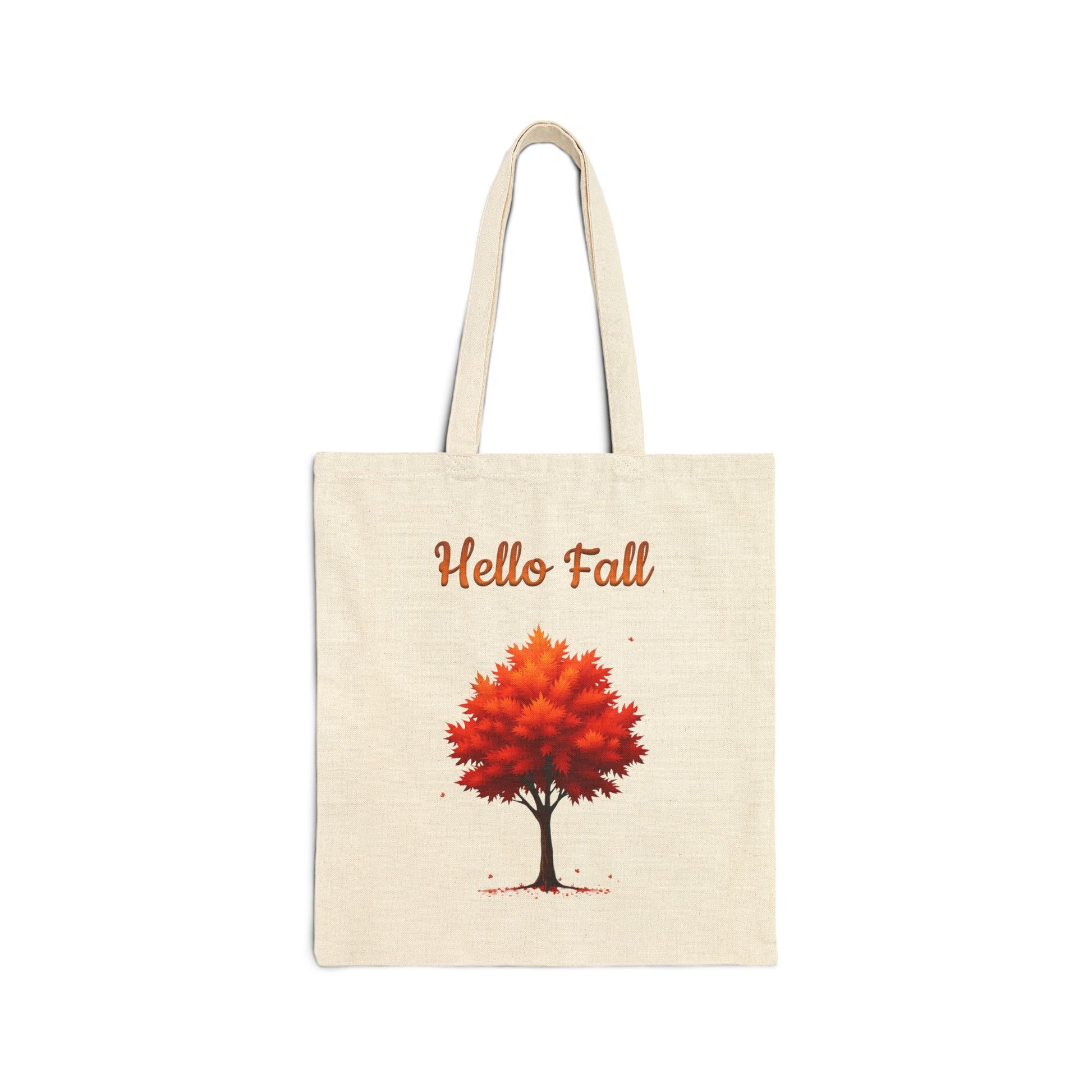 Hello Fall canvas tote bag with a watercolor illustration of a red and orange autumn tree