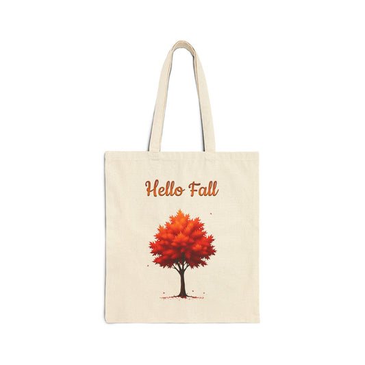 Hello Fall canvas tote bag with a watercolor illustration of a red and orange autumn tree