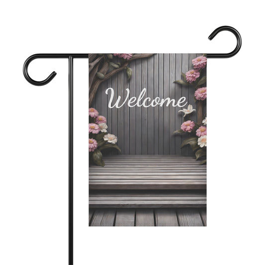 Rustic wooden welcome garden flag with pink and cream flowers, vintage-style outdoor spring porch decor