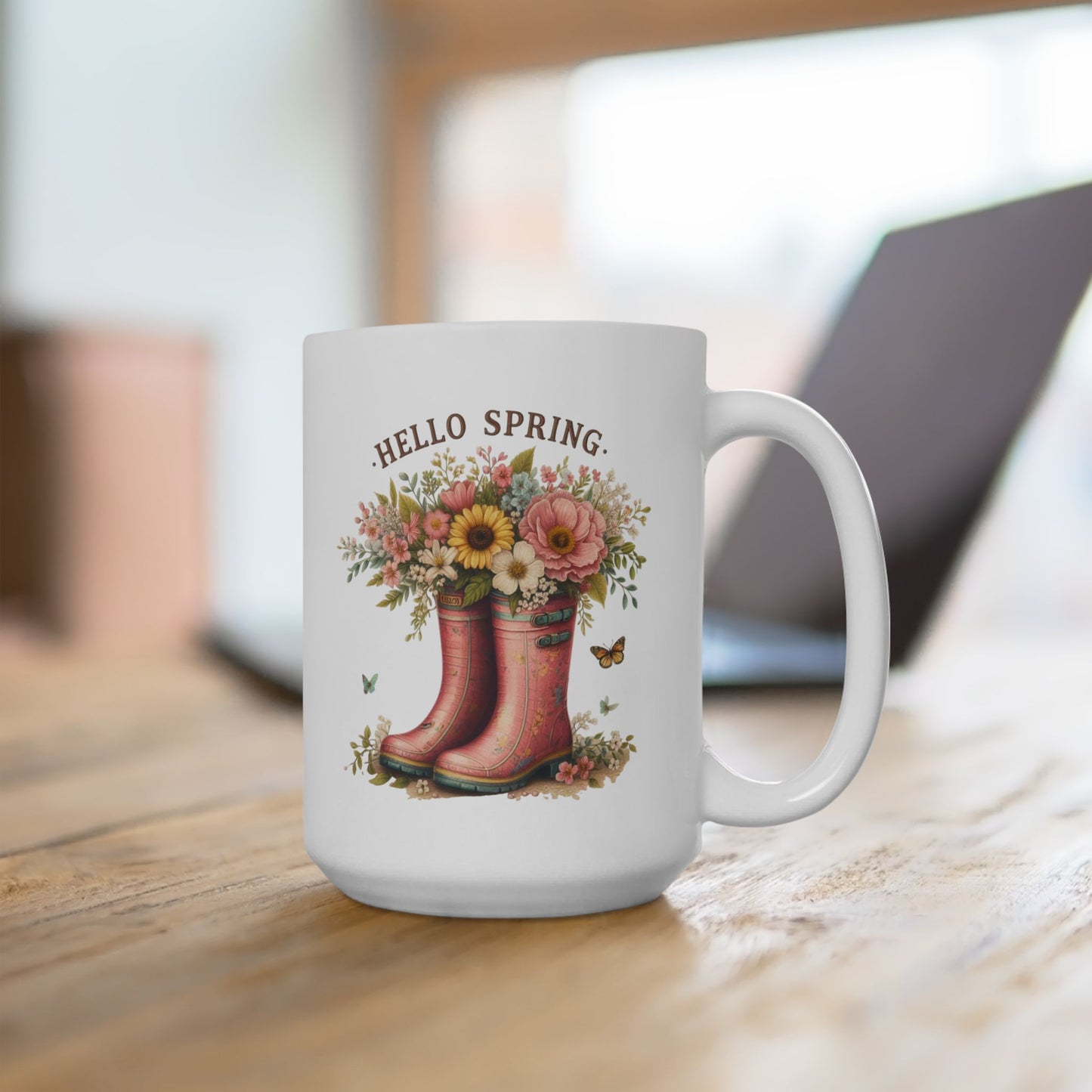 "Hello Spring" Floral Rain Boot Coffee Mug