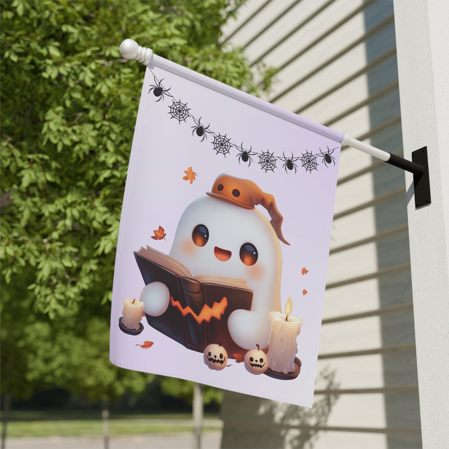 Cute Ghost Reading Spell Book Garden Flag
