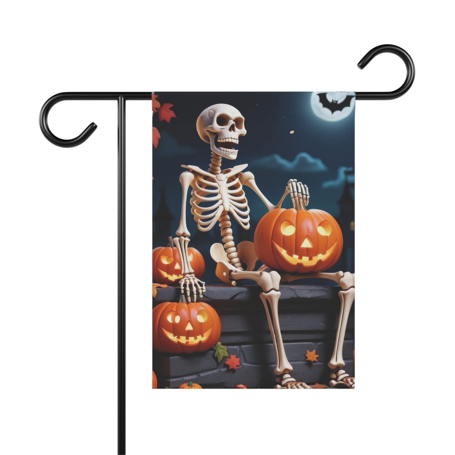“Skeleton with pumpkins Halloween garden flag, full moon and jack-o'-lanterns at night”