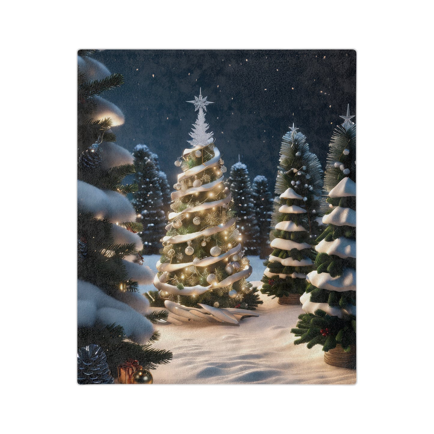 Christmas blanket with glowing decorated tree in snowy forest at night