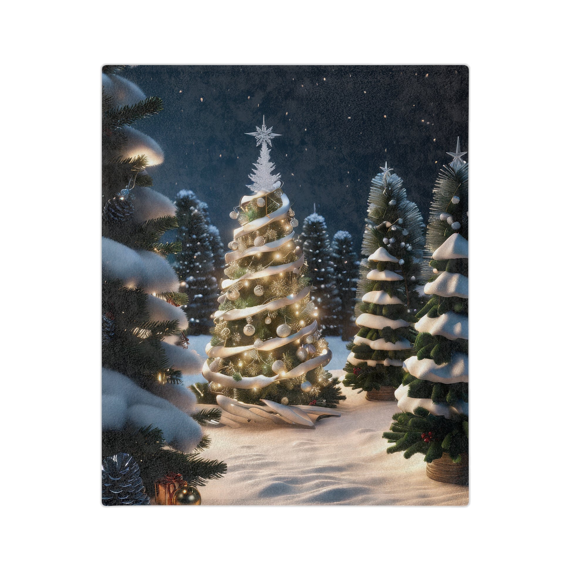 Christmas blanket with glowing decorated tree in snowy forest at night
