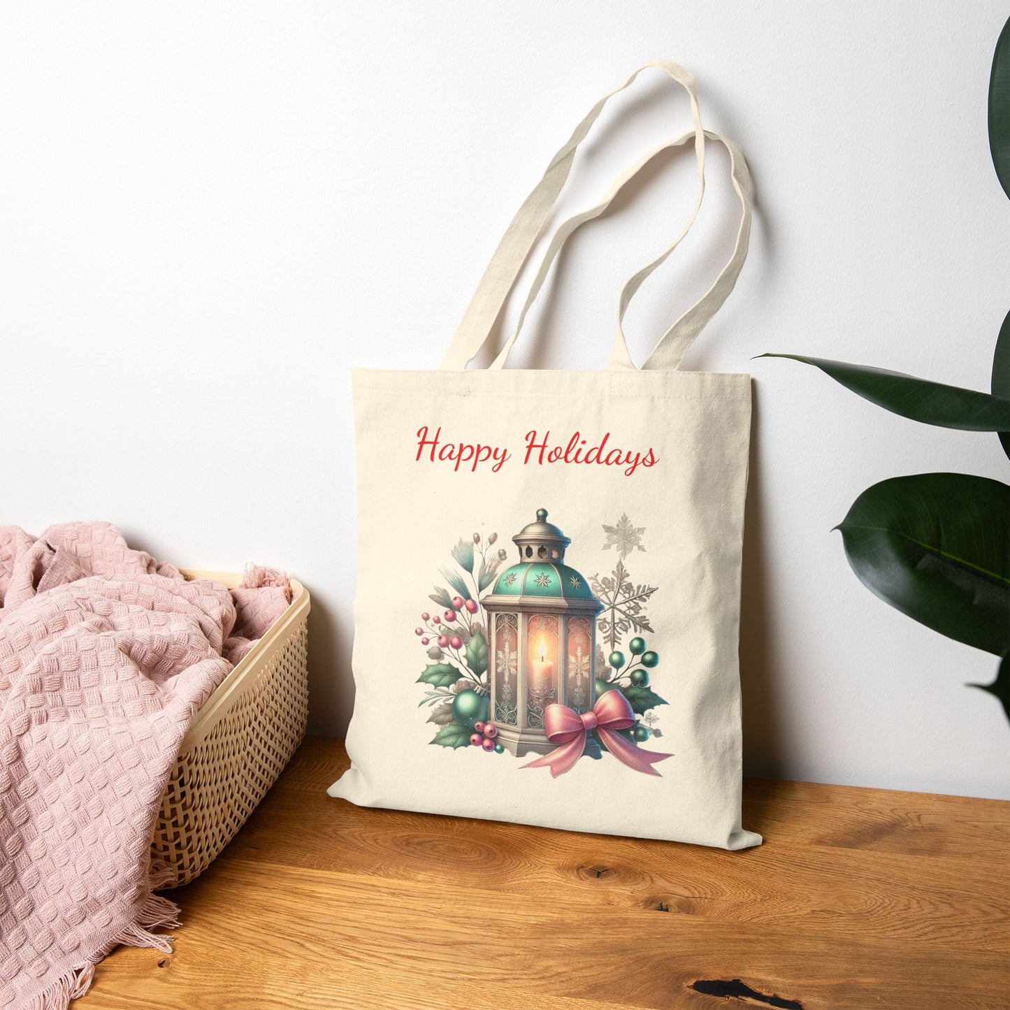 "Happy Holidays" Vintage Lantern Canvas Tote