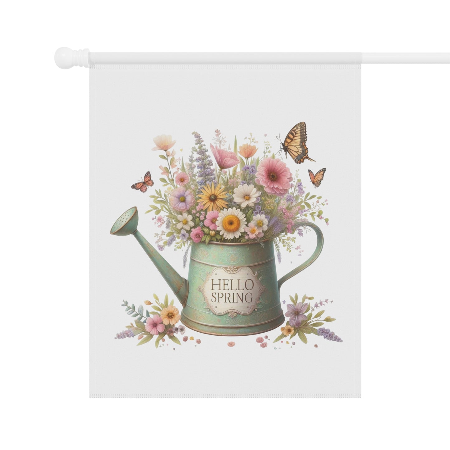 "Hello Spring" Watering Can Garden Flag with Floral Bouquet