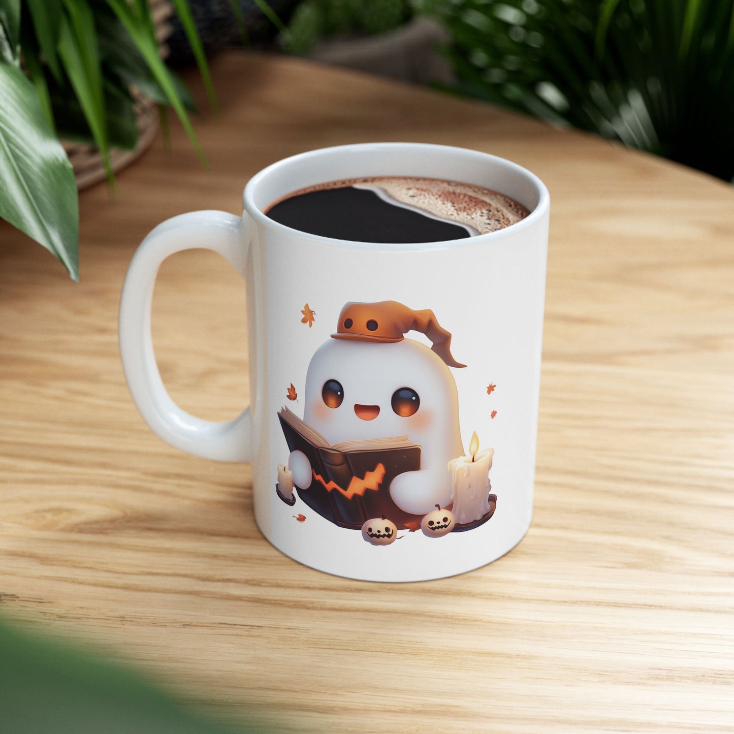 Whimsical Bookworm Ghost Mug