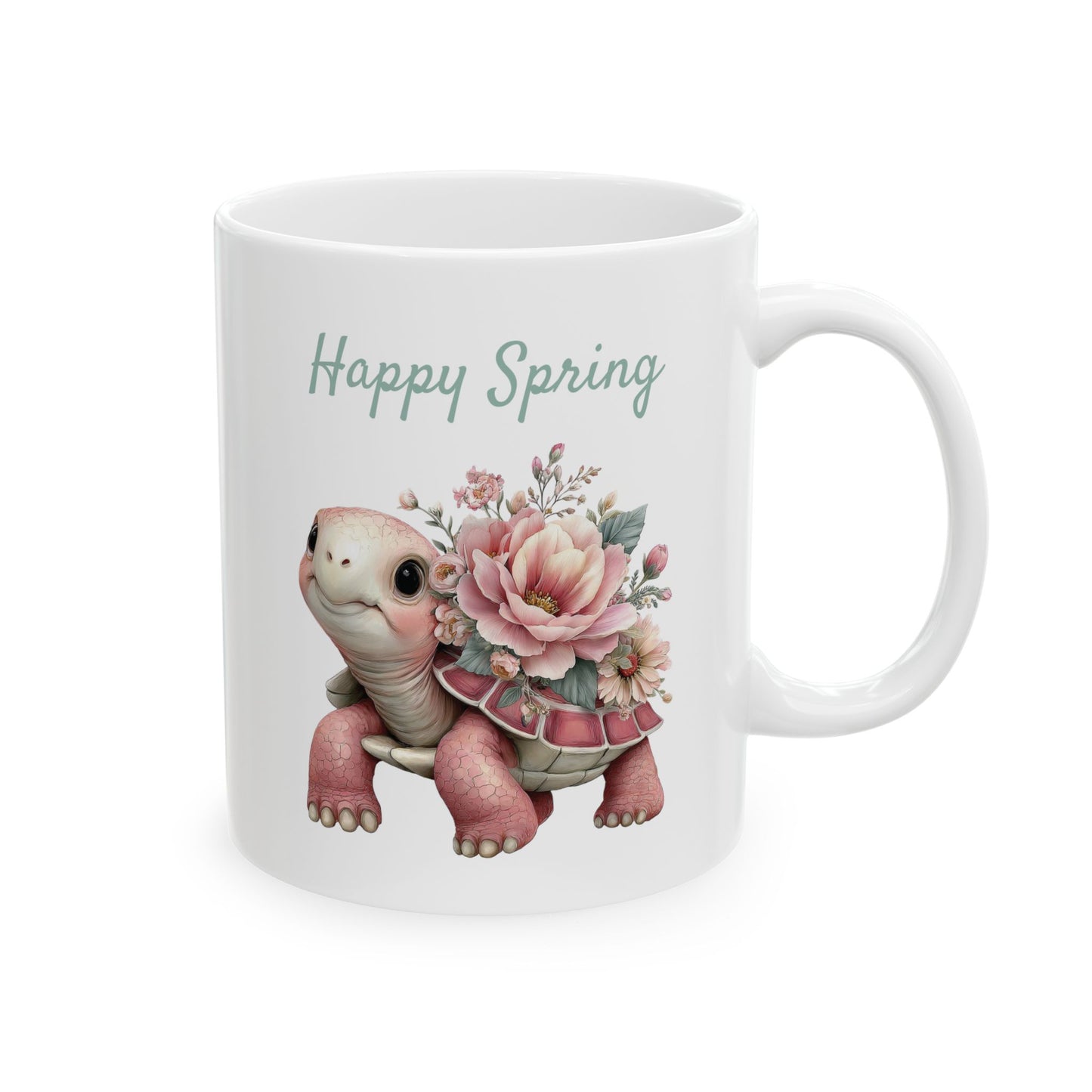 White ceramic mug printed with green Happy Spring text and a pink turtle with pink peony flowers on its shell