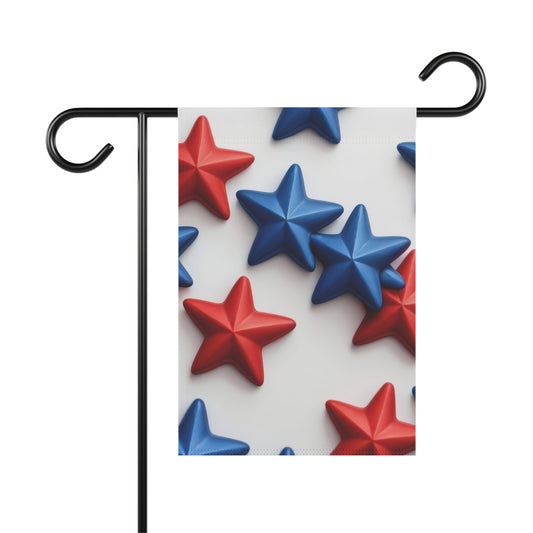 Patriotic garden flag with scattered red and blue 3D stars on a white background, perfect for 4th of July or national holidays.

