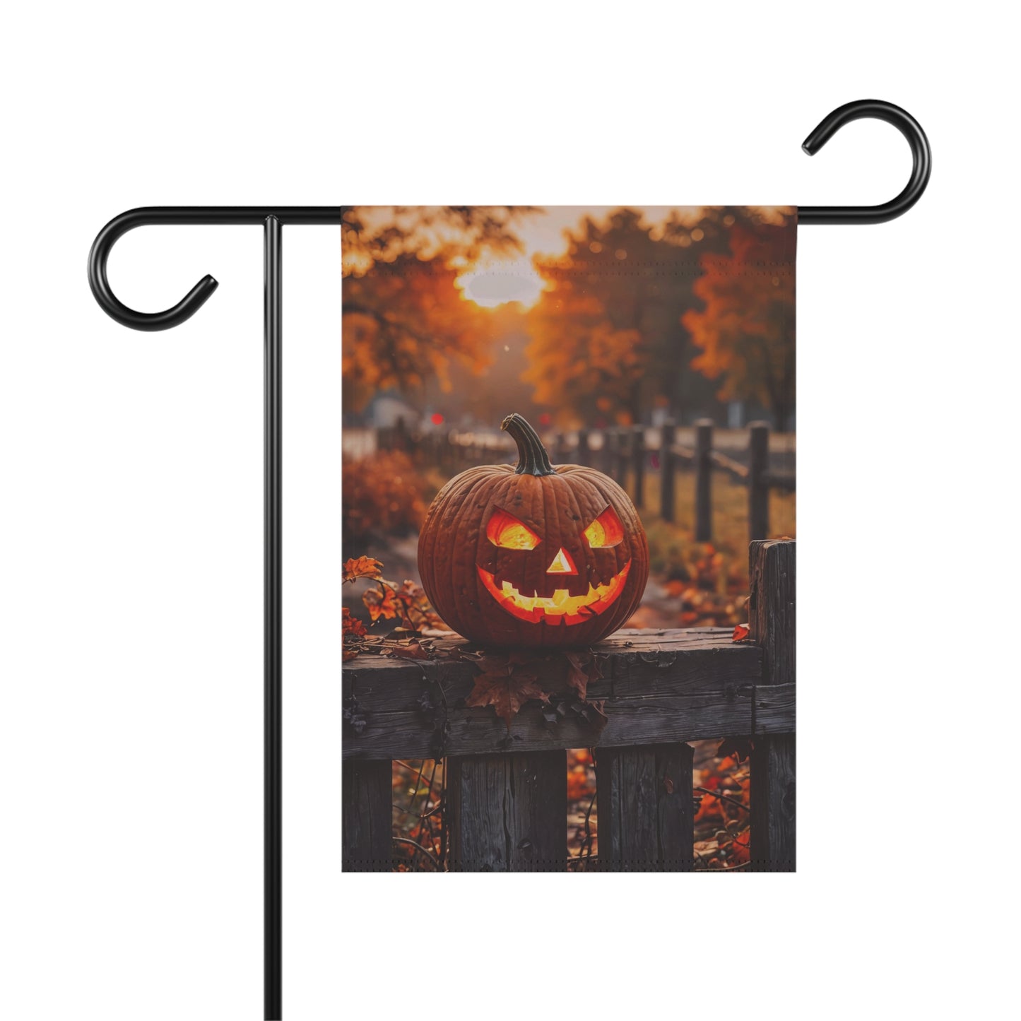 “Glowing jack-o’-lantern on rustic wooden fence at sunset – Halloween garden flag with autumn background”
