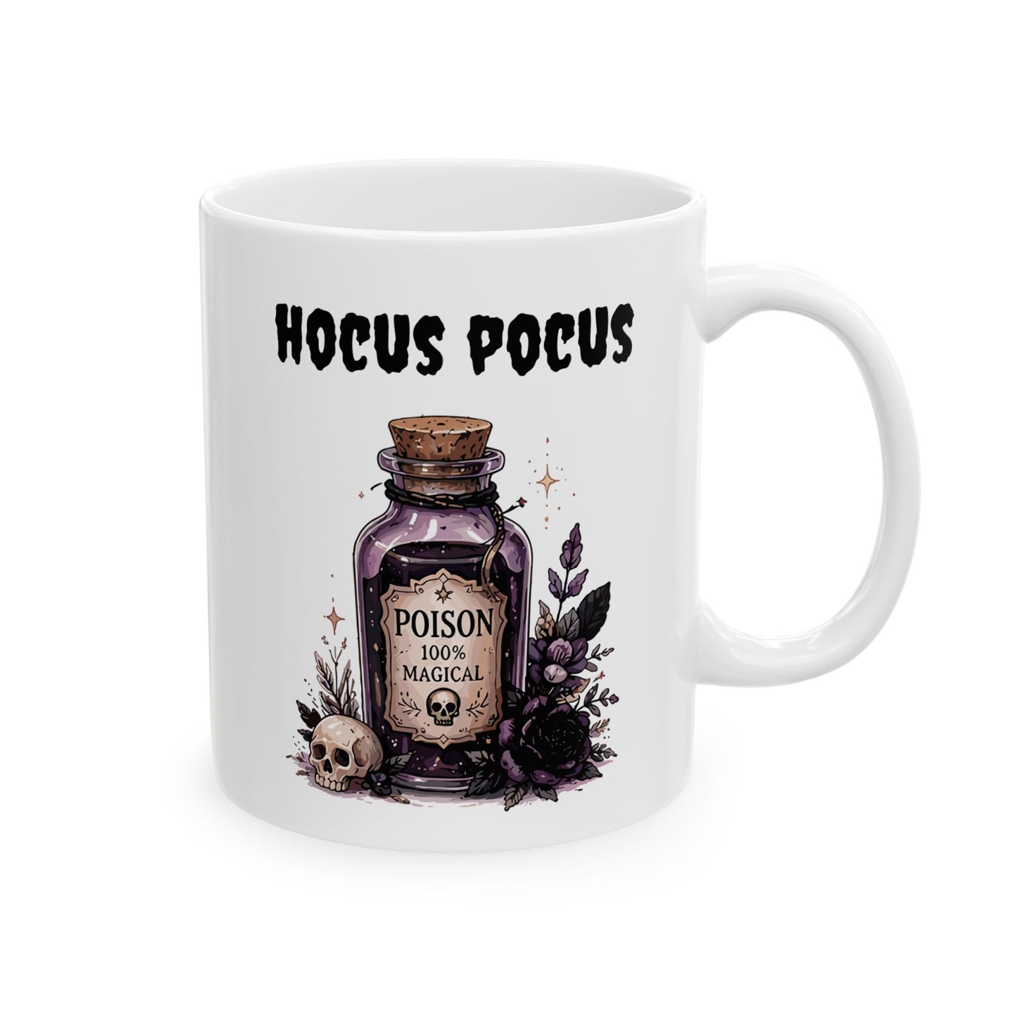 White ceramic coffee mug featuring an illustrated purple potion bottle labeled POISON 100% MAGICAL with a skull, surrounded by dark purple roses and a small skull under the black script text HOCUS POCUS.
