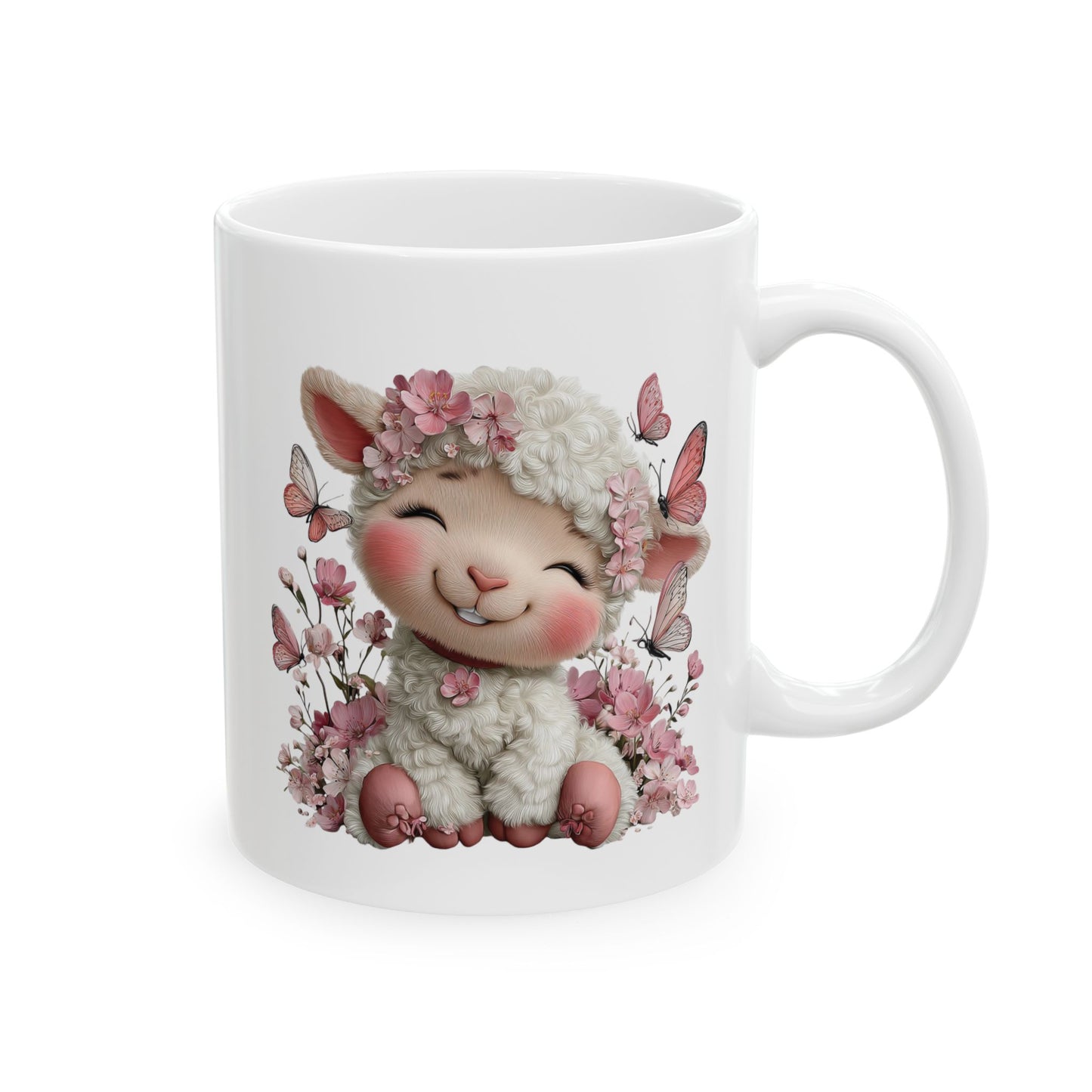 Cute smiling fluffy lamb wearing a pink cherry blossom crown surrounded by butterflies on a ceramic coffee mug