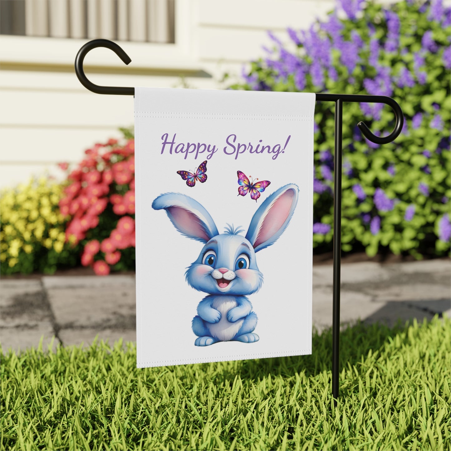 Happy Spring Blue Bunny & Butterflies Garden Flag
