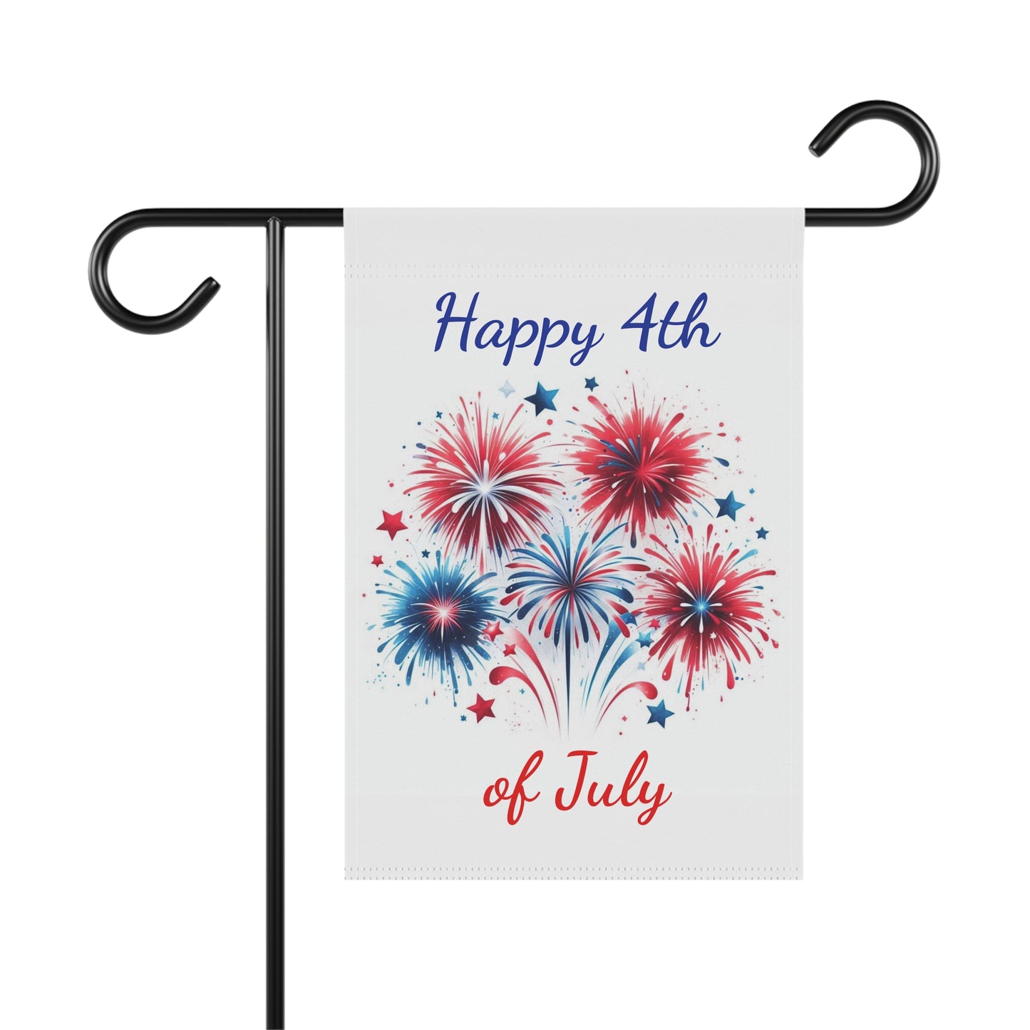 Patriotic garden flag featuring a cluster of five red, white, and blue fireworks with scattered stars between the blue script text Happy 4th at the top and red script text of July at the bottom on an off-white background.