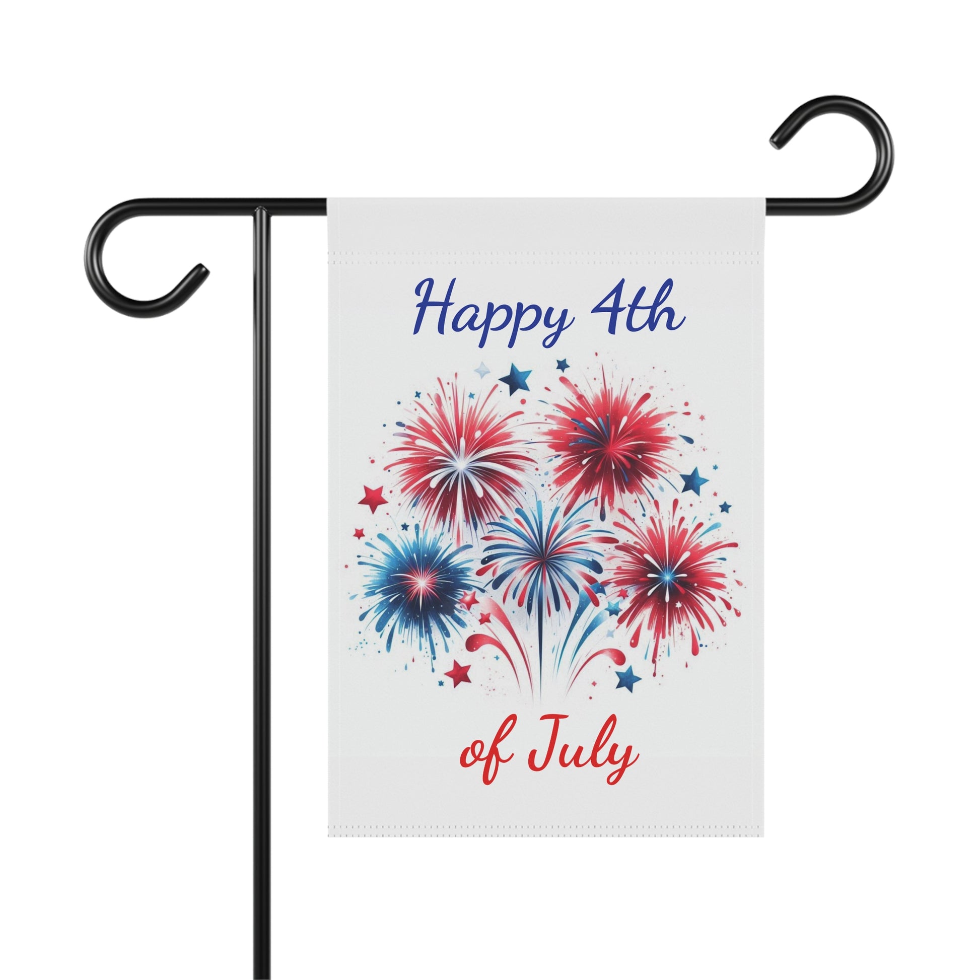 Patriotic garden flag featuring a cluster of five red, white, and blue fireworks with scattered stars between the blue script text Happy 4th at the top and red script text of July at the bottom on an off-white background.