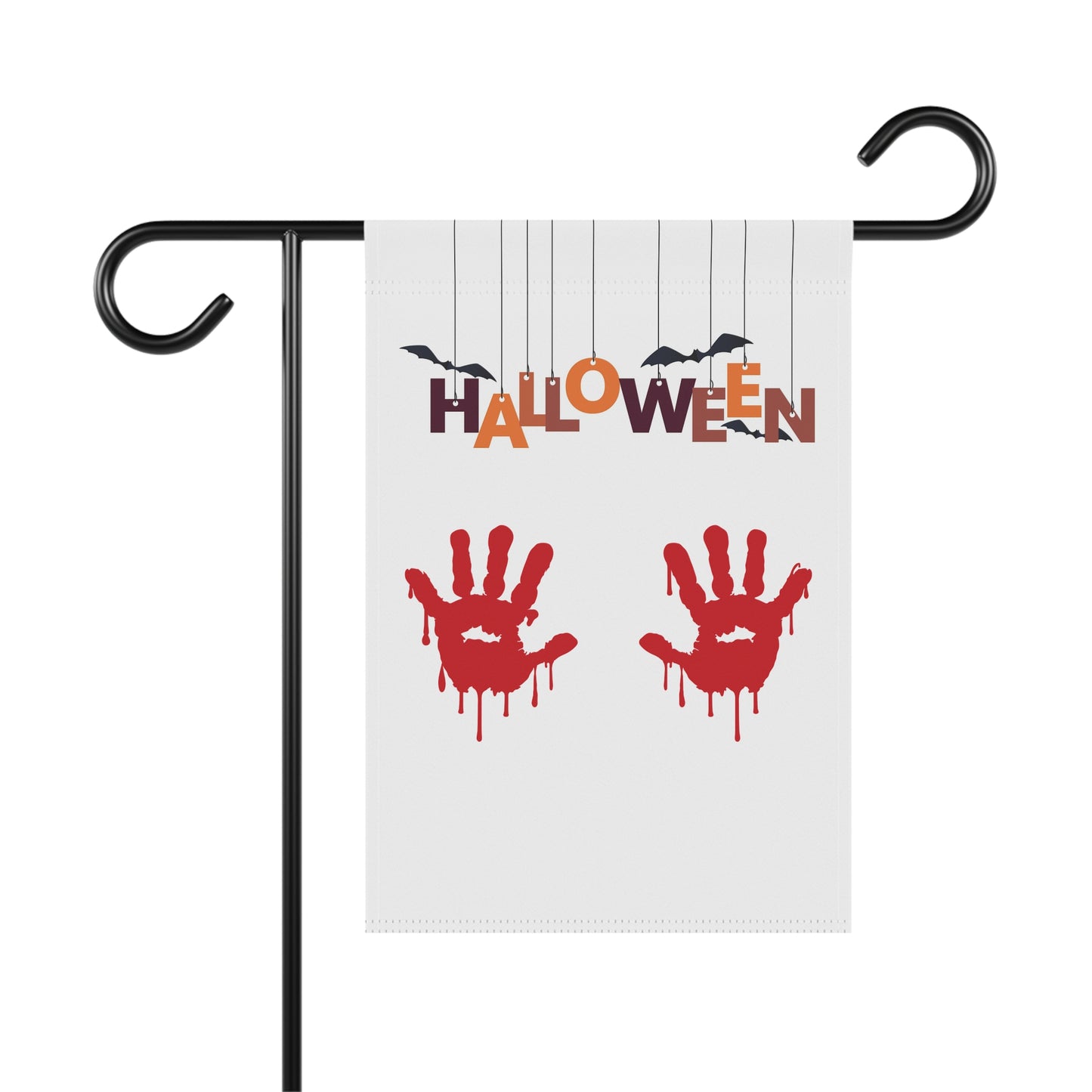 White Halloween garden flag with bloody red handprints, bats, and Halloween text