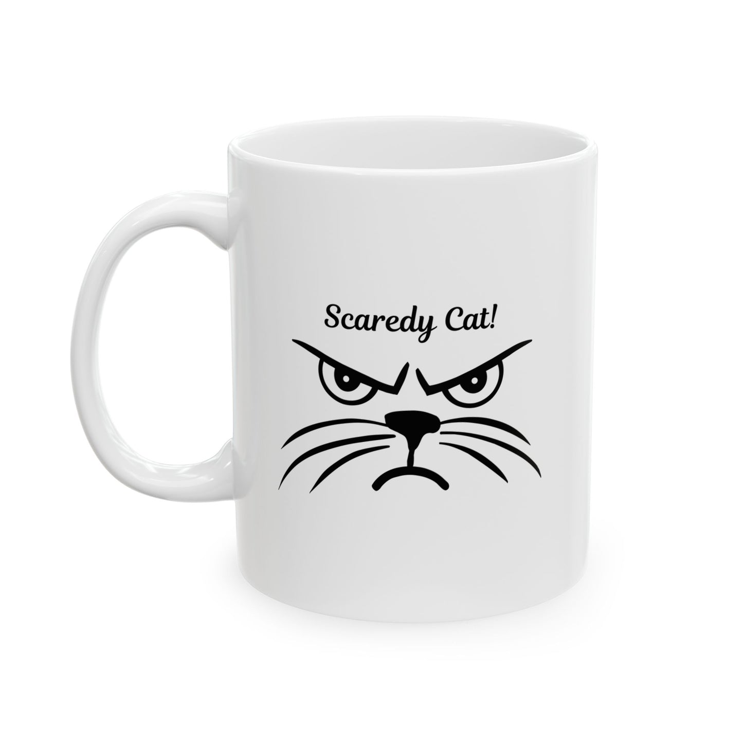 White ceramic coffee mug with "Scaredy Cat!" text and an angry-looking cat face, Funny sarcastic cat lover mug, Grumpy cat meme mug.