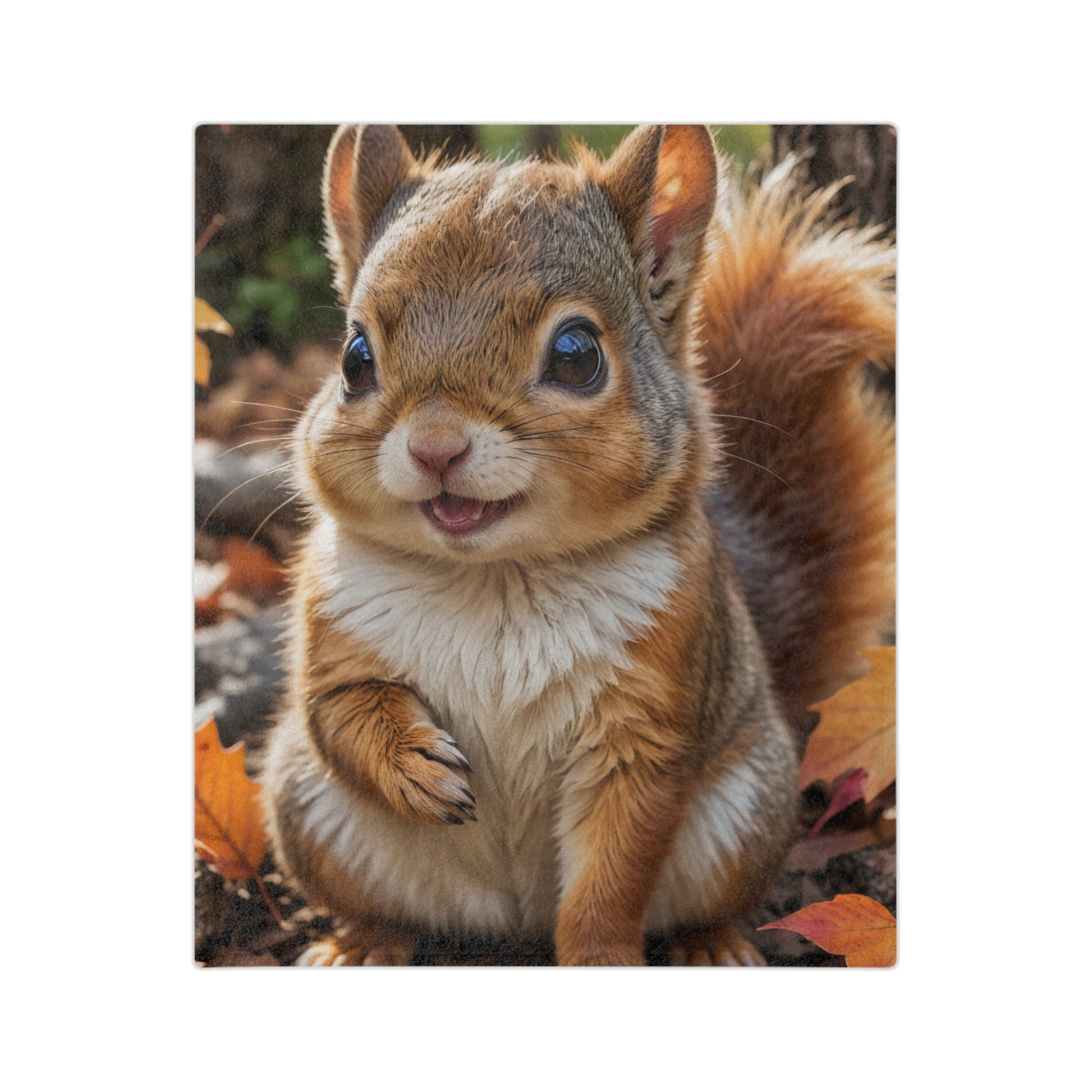 Velveteen blanket with a very cute and fluffy baby squirrel with large eyes, smiling, surrounded by orange autumn leaves on the ground.


