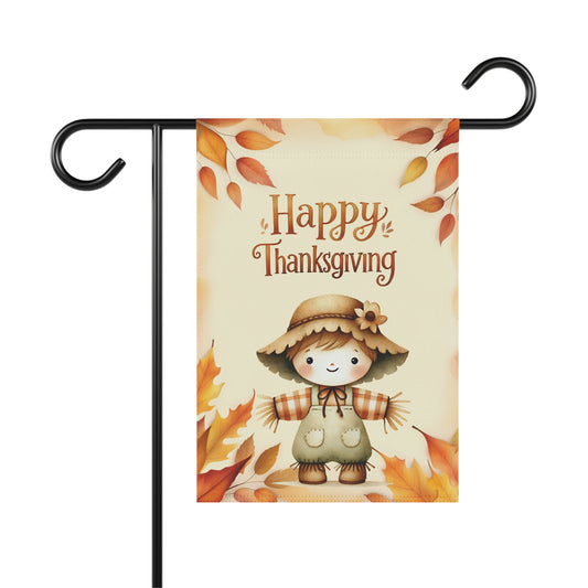 Thanksgiving garden flag with cute scarecrow and fall leaves, Happy Thanksgiving text