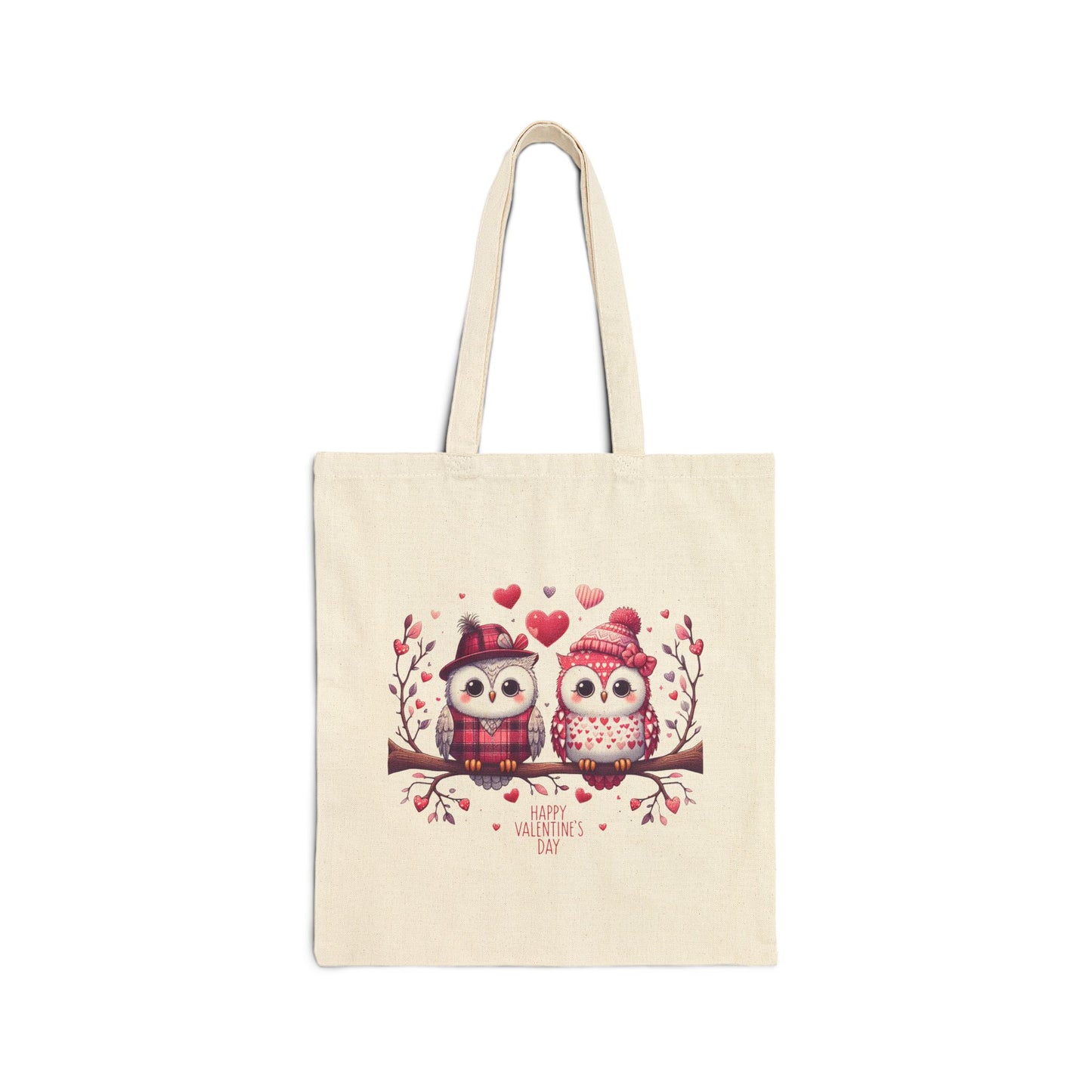 Canvas tote bag with a "Happy Valentine's Day" print featuring a cute owl couple sitting on a branch with hearts.

