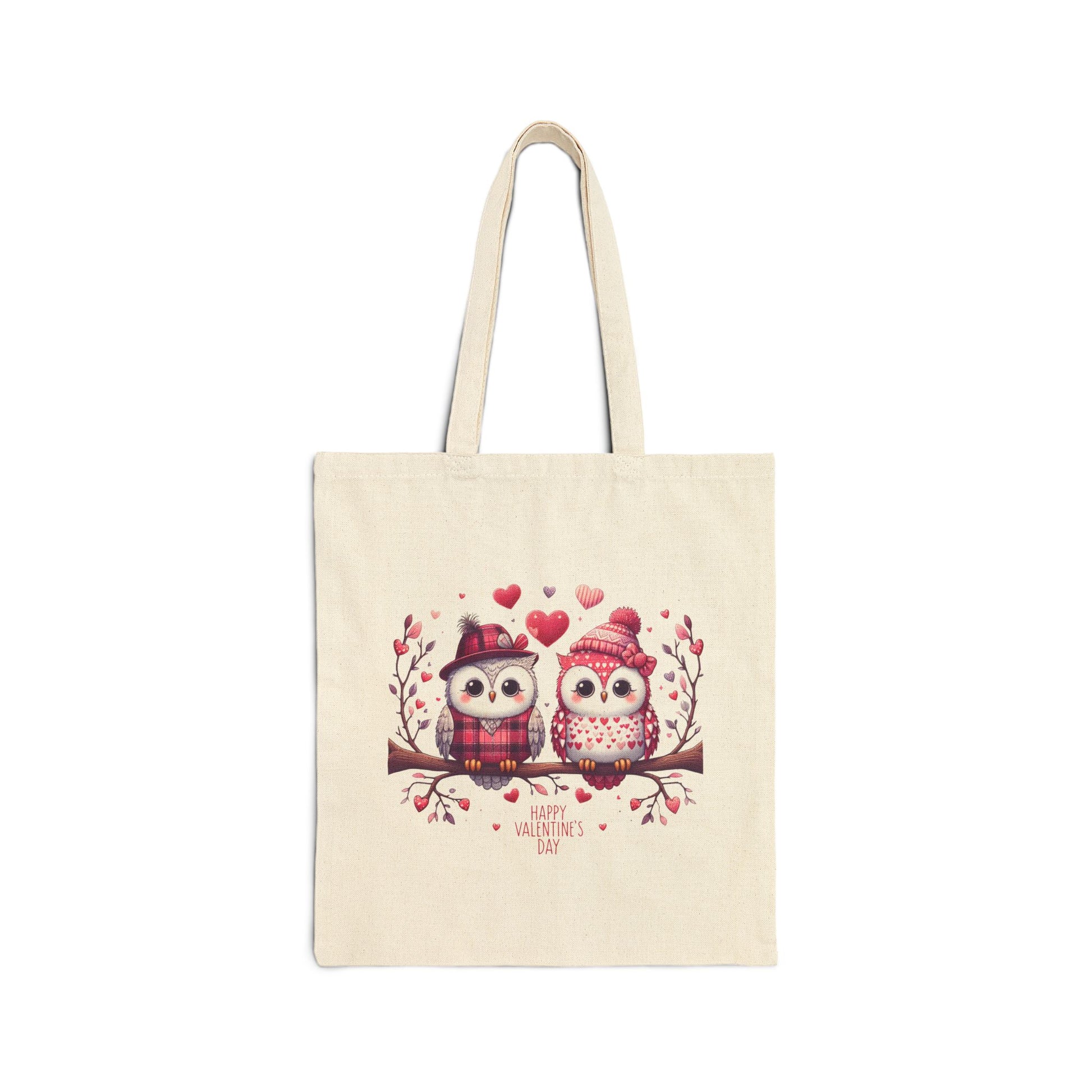 Canvas tote bag with a "Happy Valentine's Day" print featuring a cute owl couple sitting on a branch with hearts.

