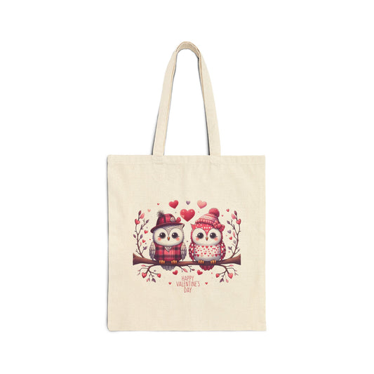 Canvas tote bag with a "Happy Valentine's Day" print featuring a cute owl couple sitting on a branch with hearts.

